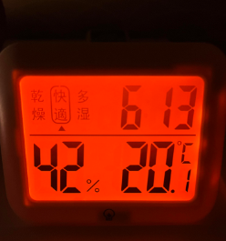 古い木造住宅の6畳の寝室でデロンギのオイルヒーターを使ったら、室温20℃まで暖まった時の温度計